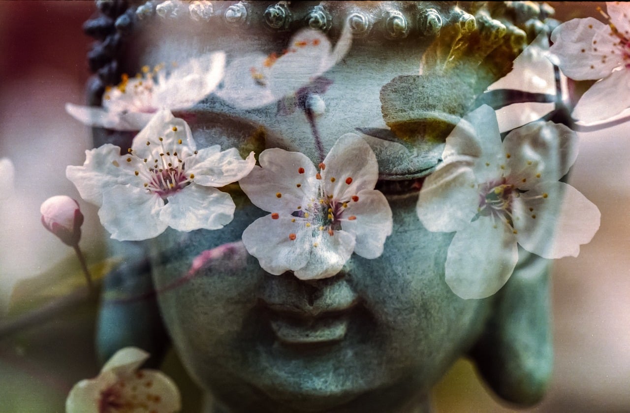 Buddha statue surrounded by flowers. Mental Health Blog